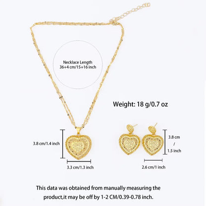 Dubai Heart Shape Necklace Earrings 24K Gold Plated Jewelry Set Women African Indian Nigerian Bride Wedding Party Gift Jewelry