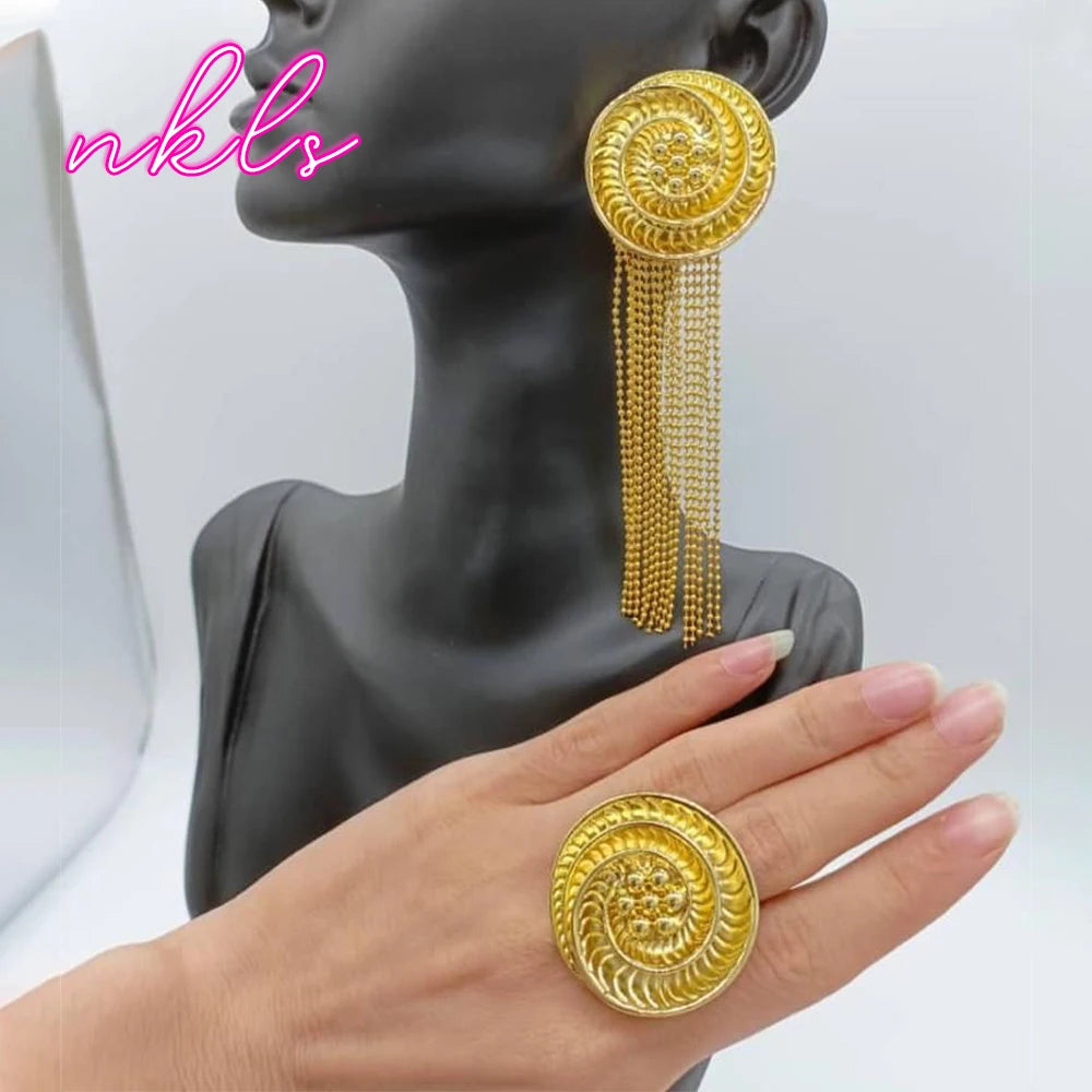 Gold Color Clip Tassel Earrings with Ring Jewelry Set for Women Brazilian Weddings Party Jewelry Set Party Accessories Gifts