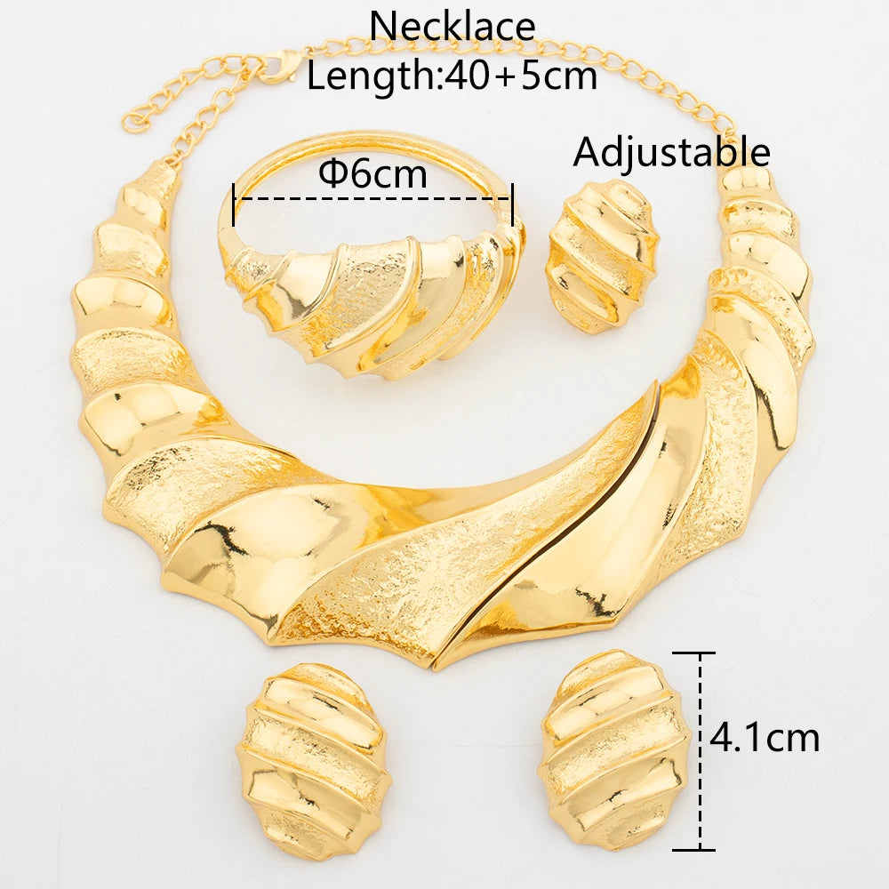 Dubai Gold Color Collar Necklace Earrings Bangle Ring Jewelry Set For Women African Luxury Jewellery Party Wedding Accessories