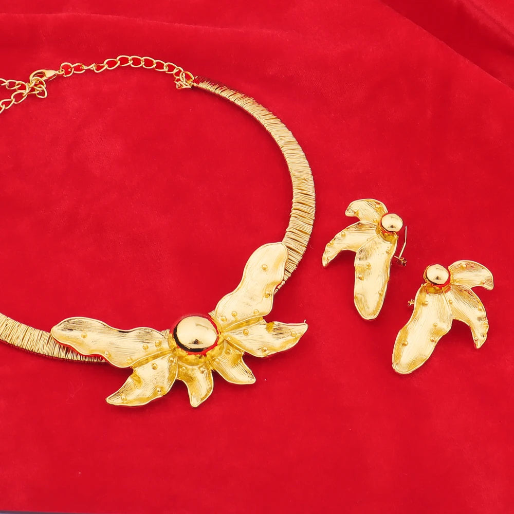 African Gold Plated Fallen Flowers Design Necklace Earrings Bracelet Ring Jewelry Set for Women Classic Gold Color Party Gift