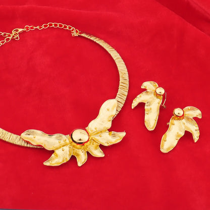 African Gold Plated Fallen Flowers Design Necklace Earrings Bracelet Ring Jewelry Set for Women Classic Gold Color Party Gift