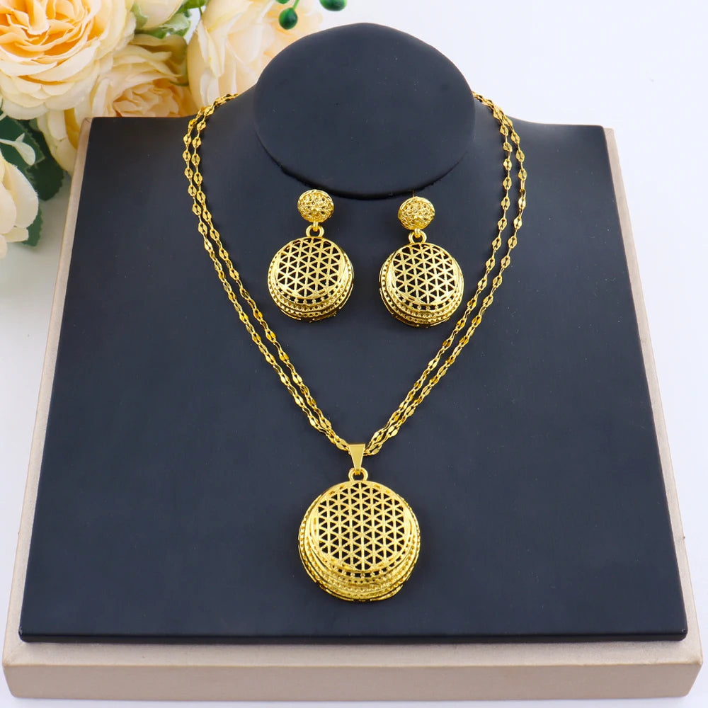 24k gold color dubai luxury jewelry set for Women Necklace Earrings Set Party Accessories Dubai India Africa Gift
