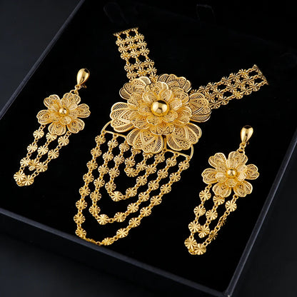 24K Gold Color Long Chain Necklace Earrings Set New Indian Nigerian Bridal Wedding Ethiopian Luxury Party Jewelry Wholesale Gift