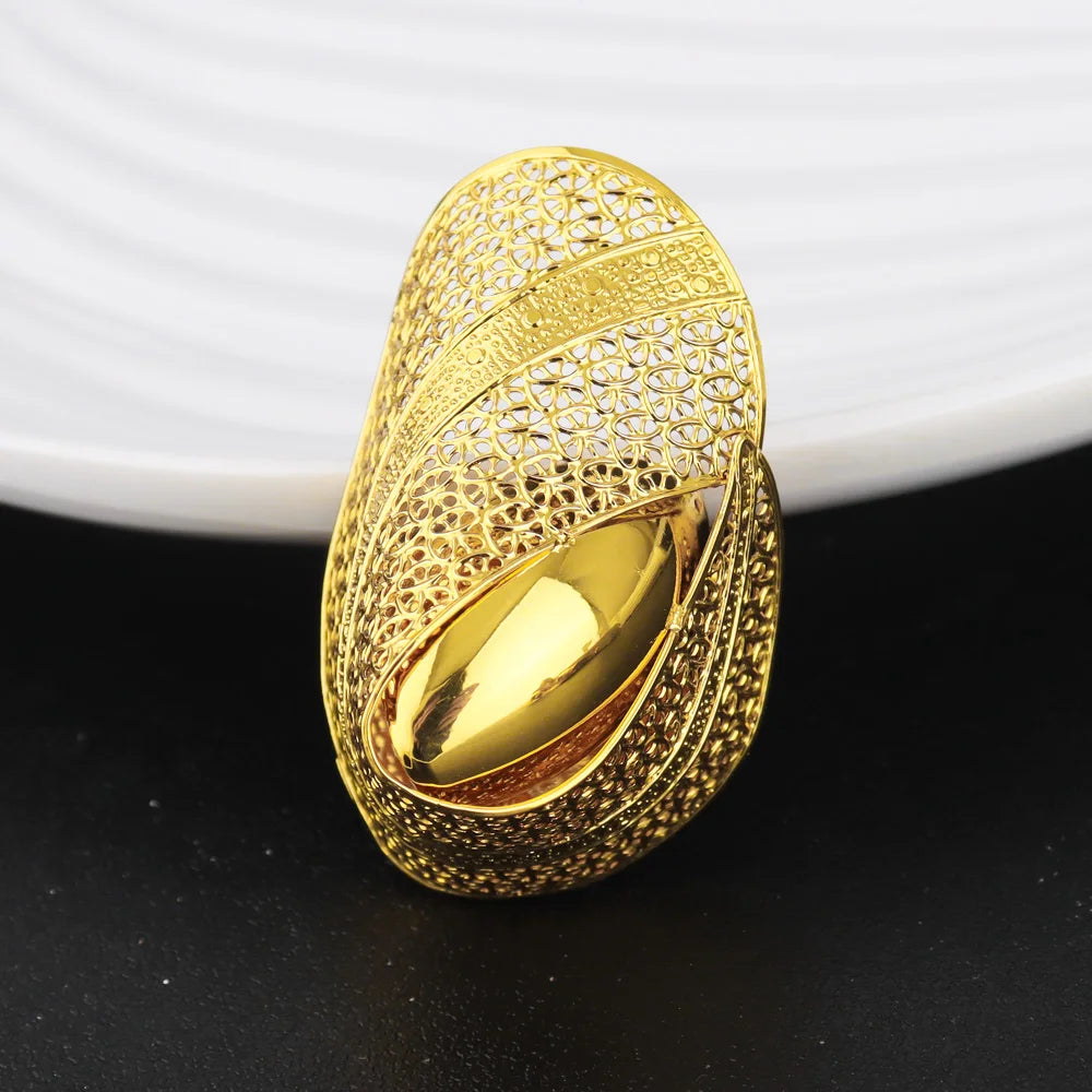 2025 New Trend Gold Color Ring and Earrings For Women Europe and America Exaggerated Hollow Out Jewelry Set For Party Wedding