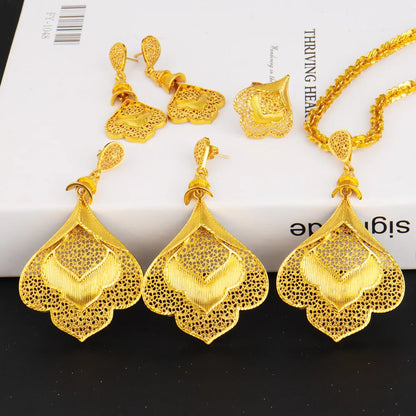 Fancy Gold Plated Necklace Earrings Set Women Indian Dubai Wedding Party Combo