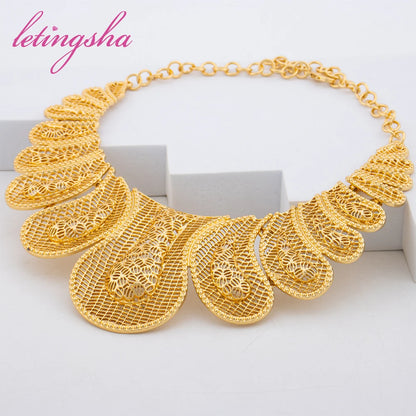 Fashion Dubai Gold Plated Jewelry Set for Women Nigerian African Luxury Necklace Earrings Bracelet Ring Set Trendy Accessories