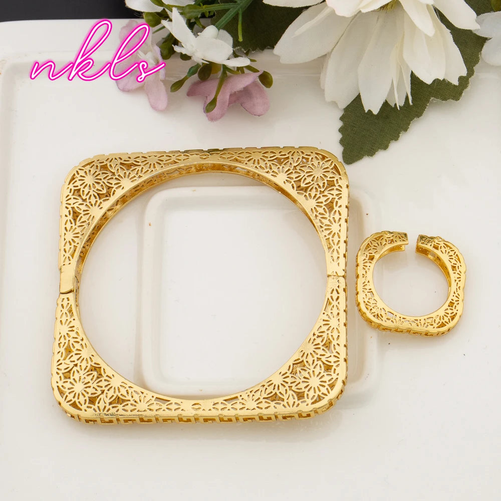 Plated Bangles with Rings 2Pcs Jewelry Set for Women Dubai Copper Bracelets African Charm Luxury Wedding Banquet Gifts