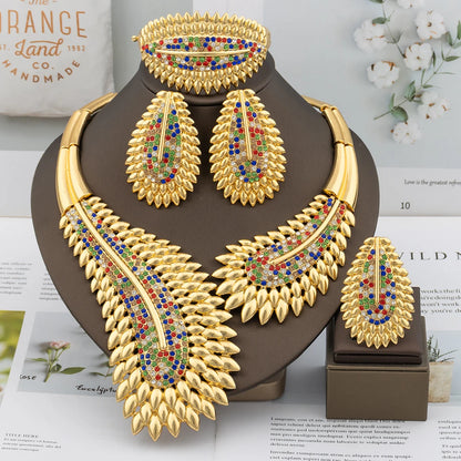 Italian Plated Jewelry Set for Women - Large Color Lady Necklace Earrings Bracelet Ring - High Quality Wedding Jewelry
