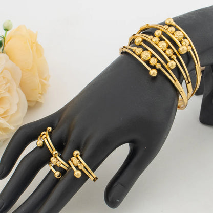 Dubai Gold Color Bangles Ring Fashion Round Beads Charm Bracelet Luxury Hand Jewelry for Wedding Party Gifts Jewellery Accessory