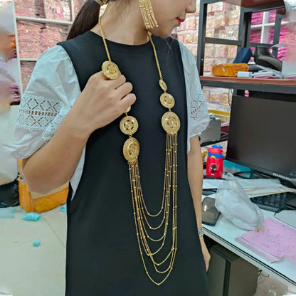 Fashion Dubai Gold Color Jewelry Set For Women African India Long Chain Tassels Necklace Earrings Ring New Evening Party Gift