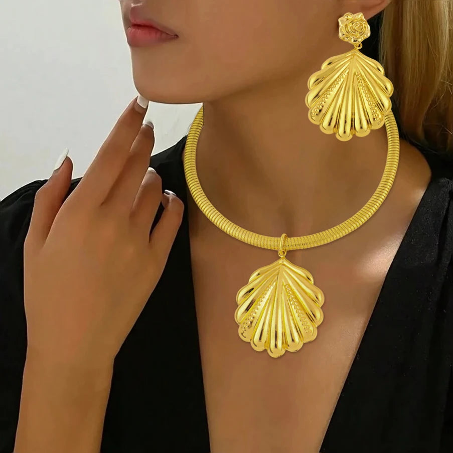 18K Gold Mid-East Shell Earrings & Necklace Set for Women, Summer Wedding Jewelry Gift, Fashion Jewelry Women Set Wholesale