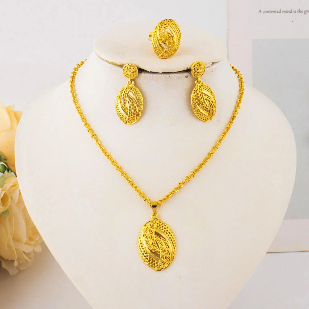 Dubai gold-tone flower jewelry set: necklace, earrings & ring for women, elegant gift for couples, Christmas party sparkle, boxe