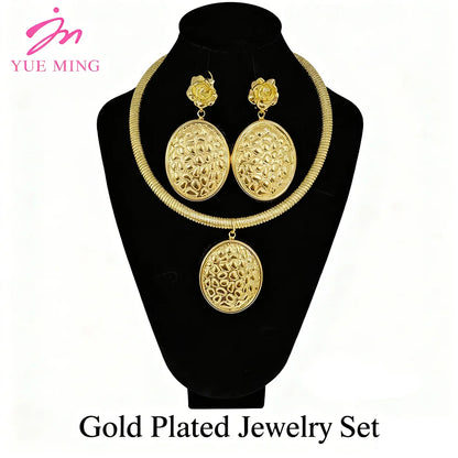Women Dubai Gold Jewelry Set Sumptuous Wedding Necklace Pendant Premium Gold Plated Bracelet Ring Exquisite Piercing Earrings