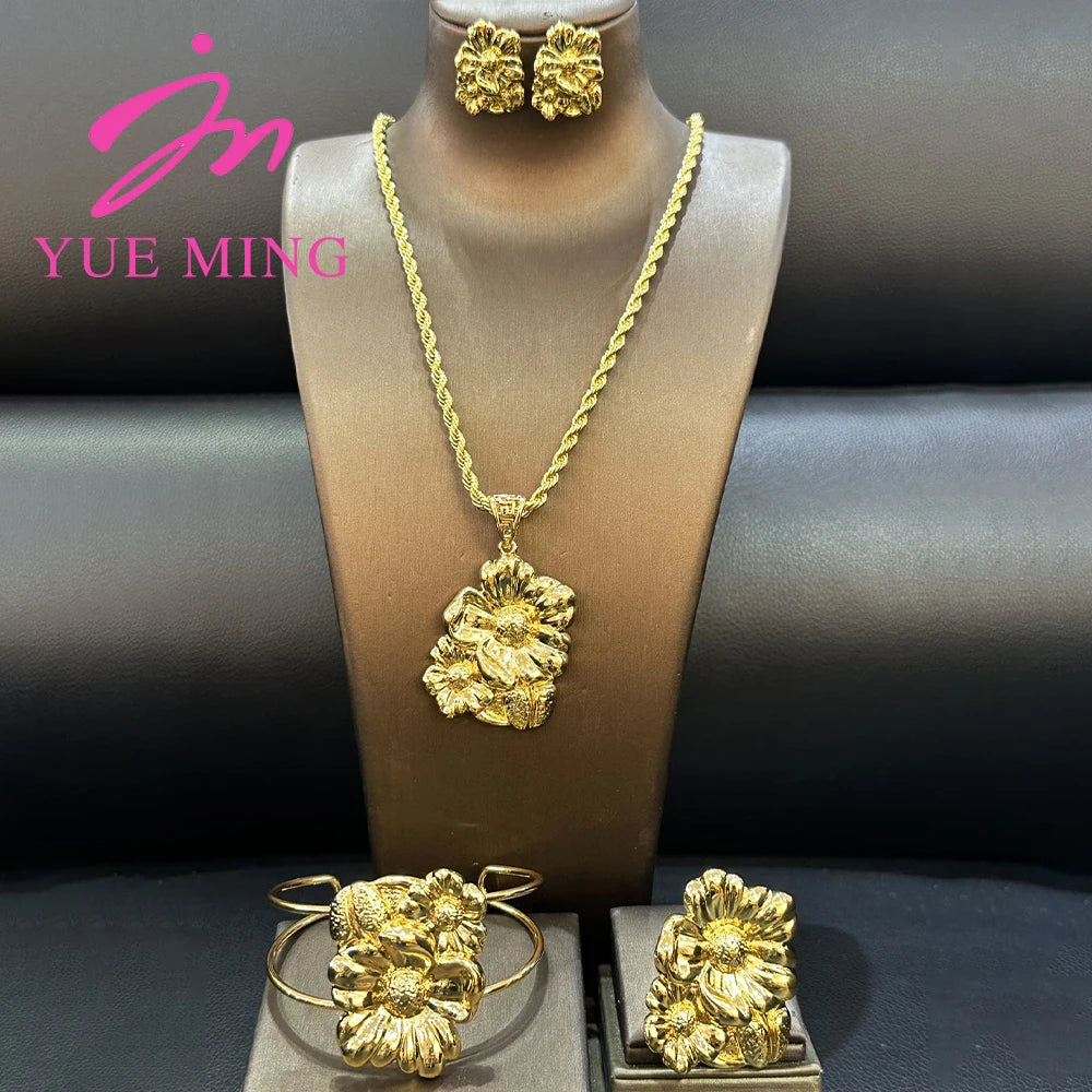 YM Jewelry Set for Women Gold Color Bridal Wedding Ethiopia Dubai Nigerian African Necklace Earrings Bracelet Ring Jewellery - YUEMING JEWELRY