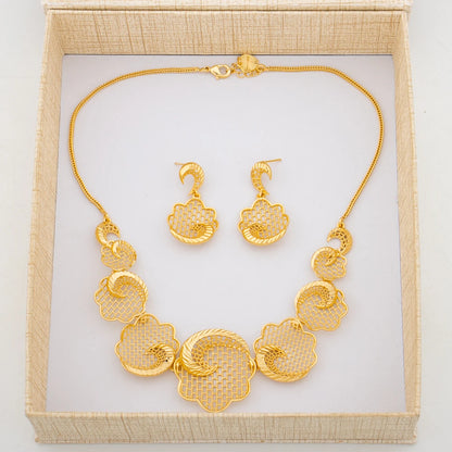 Dubai Gold Color Jewelry Set for Women Flower Design Necklace and Earrings with Bangle Ring 4Pcs Set for Brazilian Accessories