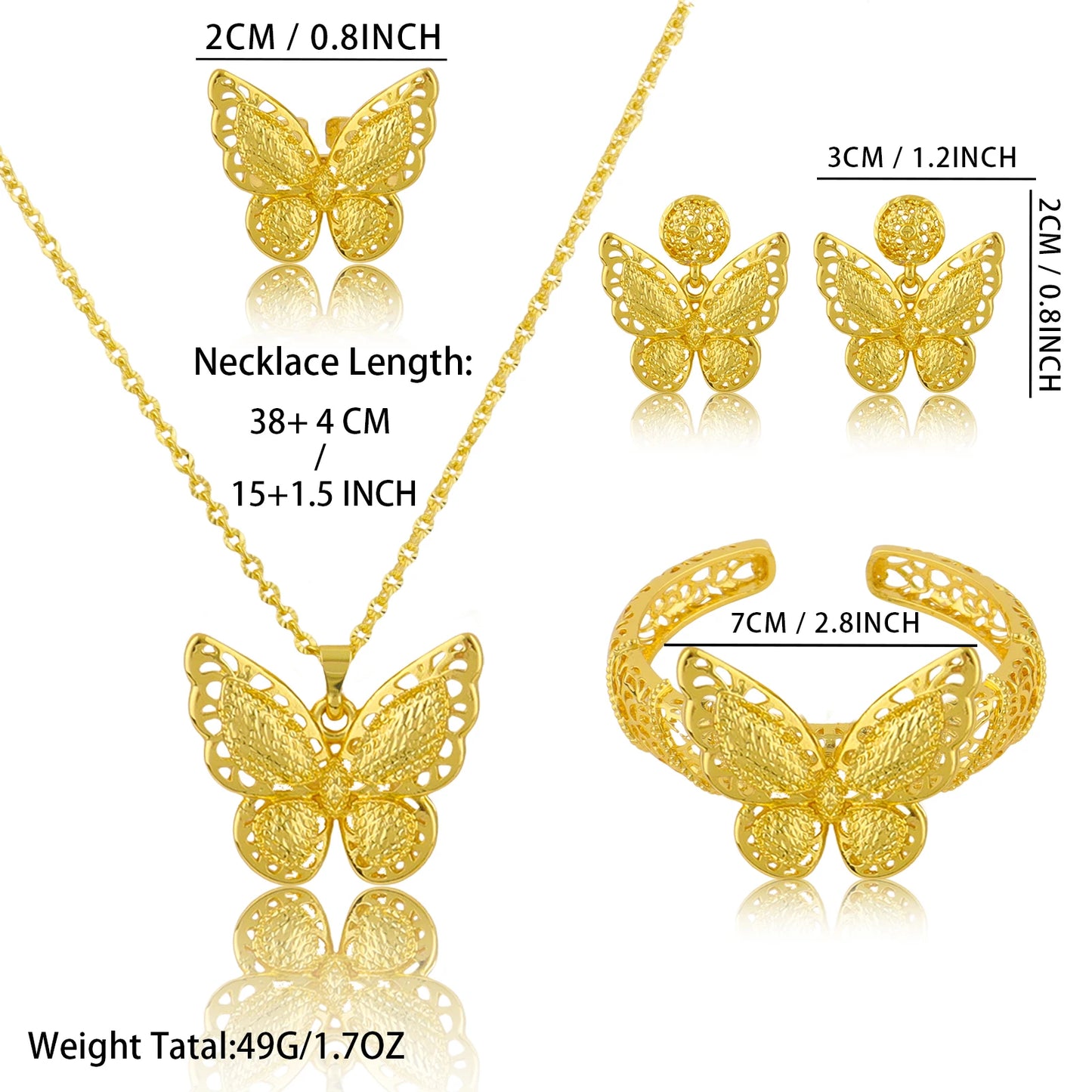 Luxury Butterfly Design Jewelry Set for Women Gold Plated Pendant Necklace Earrings Bracelet Ring Weddings Party Accessories