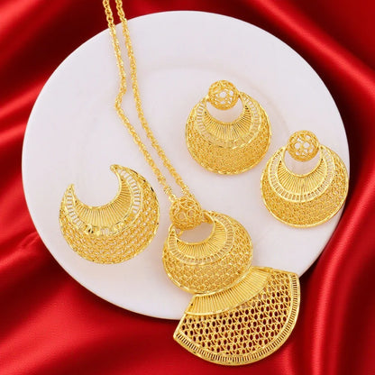 Dubai Gold-Tone Jewelry Set for Women – Earrings, Necklace & Rings, Indian Bridal Costume, Nigerian Wedding Party Gift