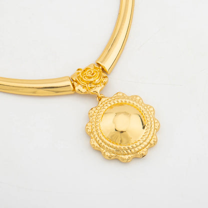 Romantic Gold Color Jewelry Set for Dubai Women Big Earrings and Necklace with Bangle Ring African Copper Gold Plated Jewelry