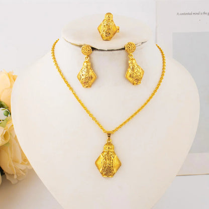 Dubai Gold-Tone Necklace & Earring Ring Set for Women, Classic African Party Jewelry Gift, Bridal Wedding Accessories