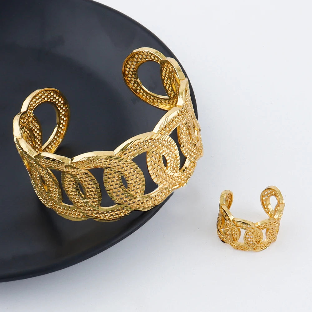 Gold color accessories luxury necklace bracelet ring earrings jewelry set women 18k gold plated dubai jewelry set Exquisite gift