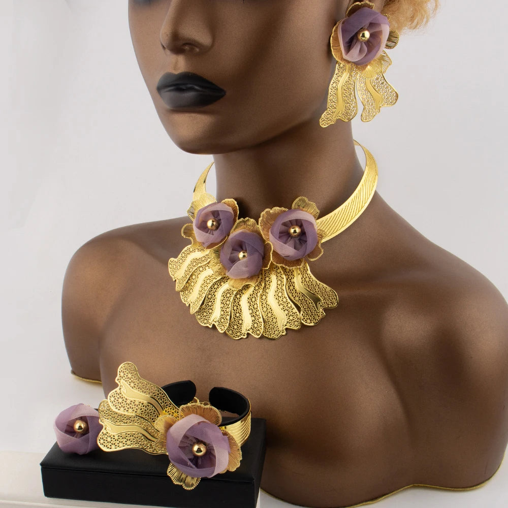 Luxury Noble Gold Plated Big Necklace Earrings Bracelet Ring for Women Purple Flower Shaped Jewelry Gift for Party Wedding