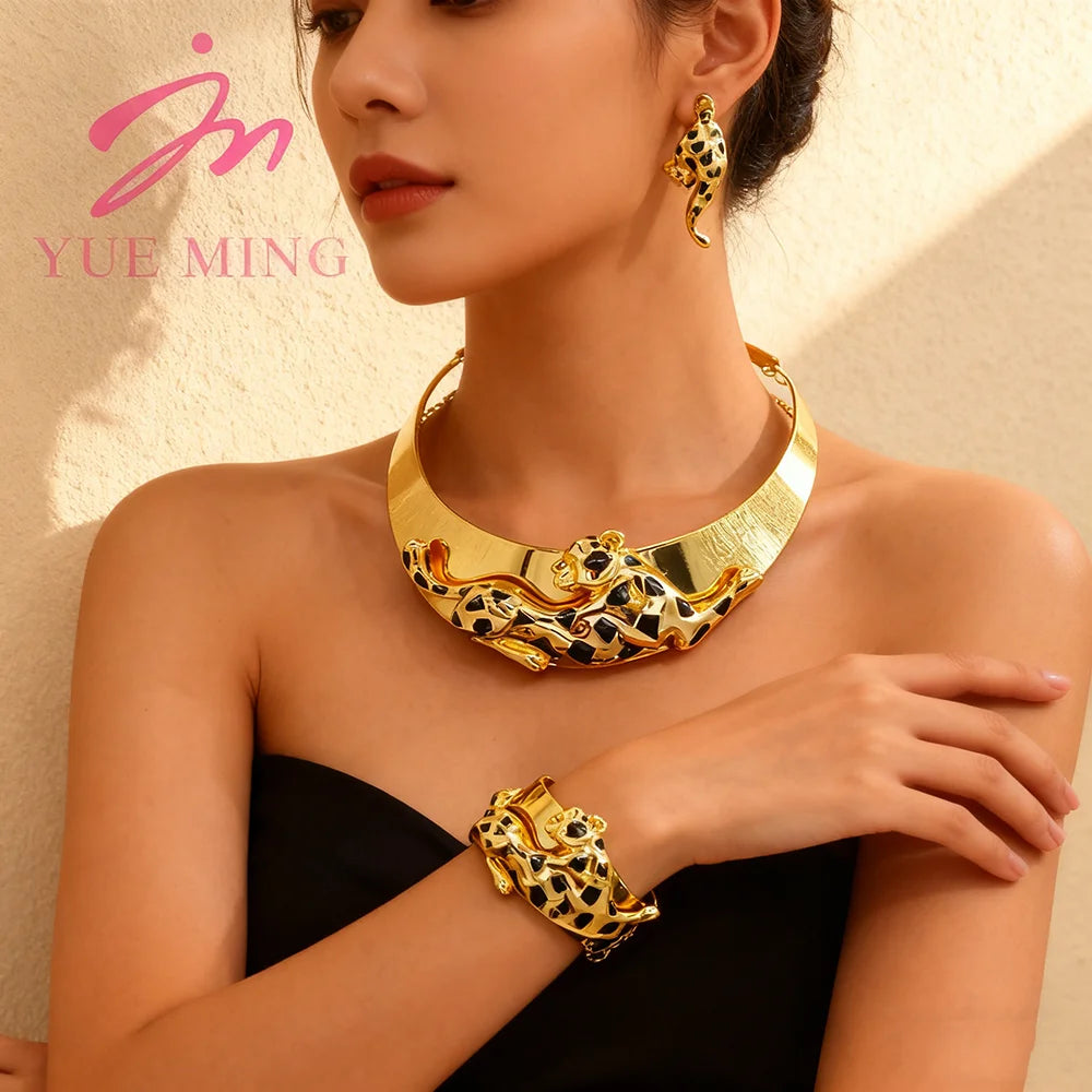 Gold Plated Necklace and earrings set for women Leopard Animal Dangle Earrings Bracelet Ring Banquet Party Fashion Jewellery