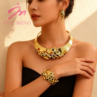 Gold Plated Necklace and earrings set for women Leopard Animal Dangle Earrings Bracelet Ring Banquet Party Fashion Jewellery