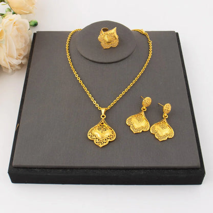 Spain Fashion Gold-Tone Jewelry Set for Women – Classic Earrings Ring Necklace, Elegant Daily Wear & Party Wedding Gift, Mother