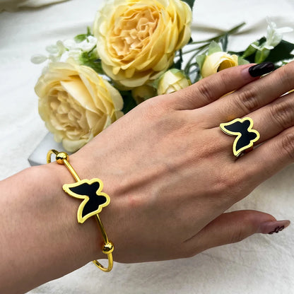 Stainless Steel Women's Gold Plated Bracelet Set, Gothic Ring Double Sided Black Butterfly Promotional Jewelry Set