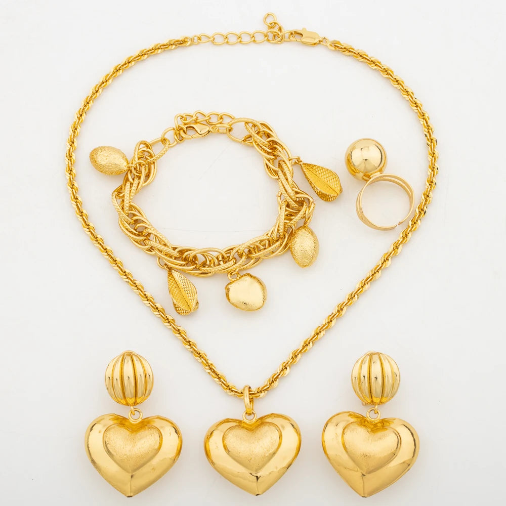 African Gold Color Jewelry Set for Party Heart Design Pendant and Dangle Earrings Weddings Bridal Chain Necklace Bracelet Ring