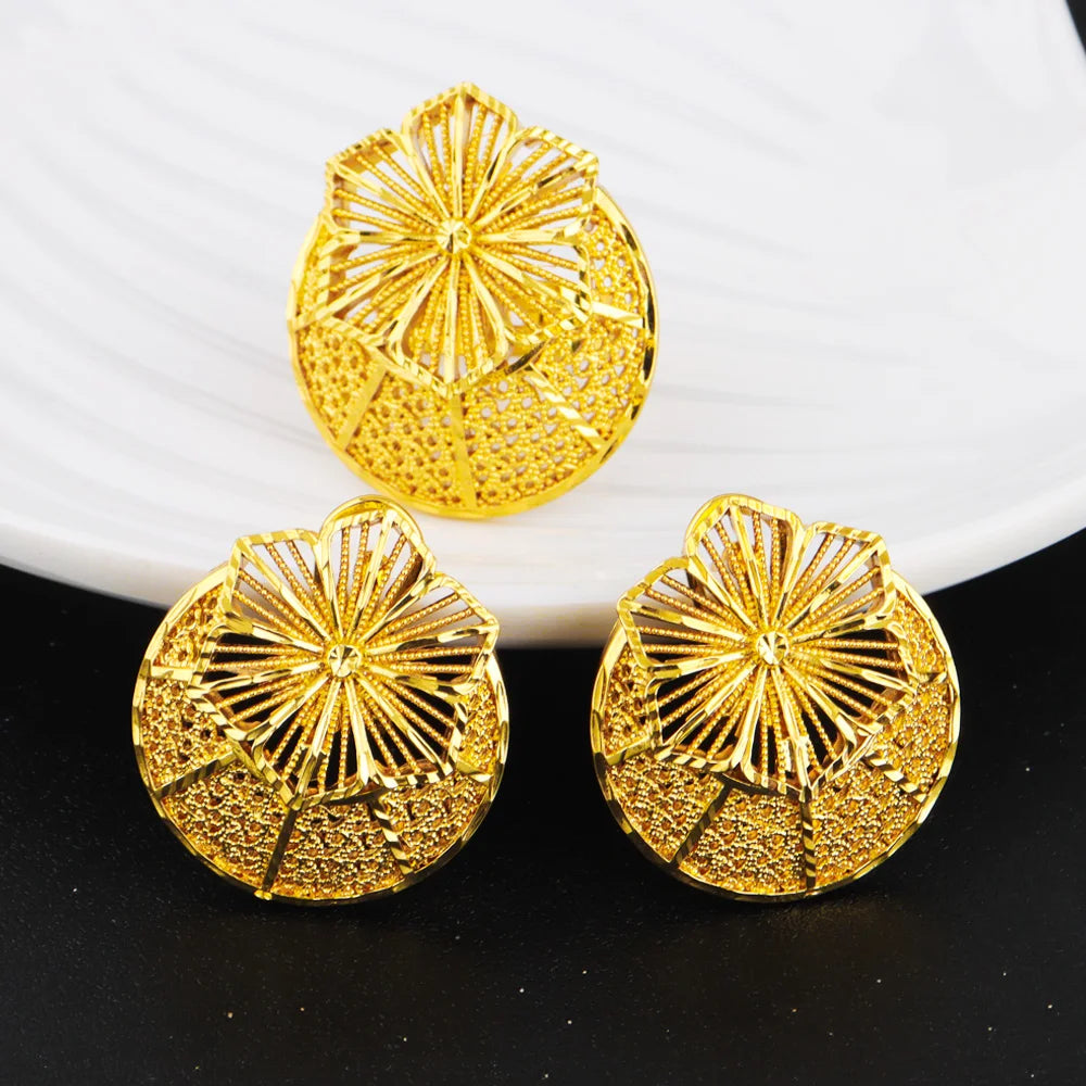 Delicate gold-tone floral necklace & drop earrings set, Indian-inspired filigree, lightweight alloy, Dubai chic for party evenin