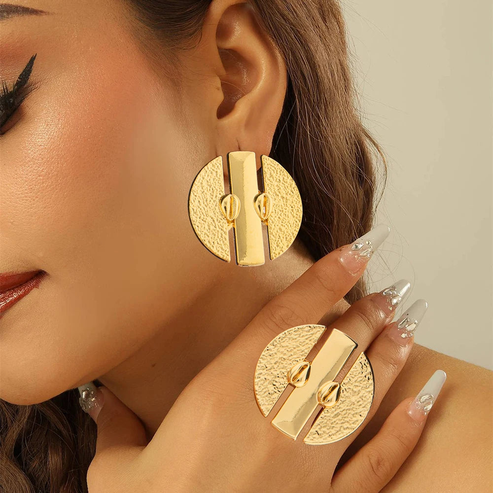 18k Gold Color Earrings with Ring Jewelry Set for Party African Weddings Bridal Clip Earrings Finger Ring Set for Ethiopia Gift