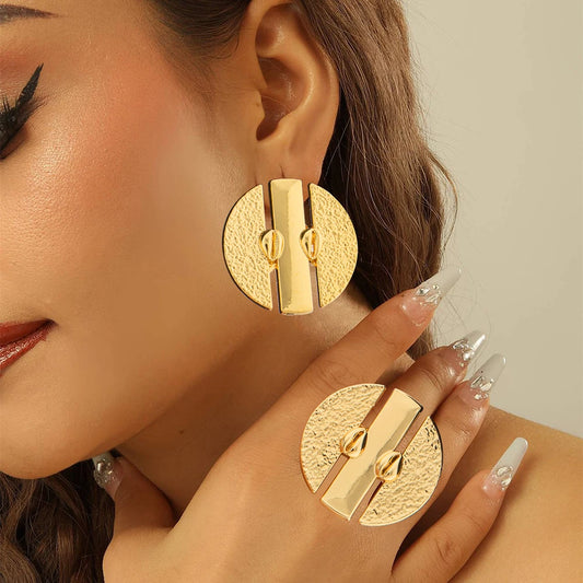 Brazilian Gold Color Earrings with Ring Jewelry Set for Party Hollow Out Design Big Earrings Finger Ring 2Pcs Set for Engagement