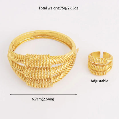 Luxury Copper Bracelet Ring Sets for Women Arab Spiral Design Gold Plated Jewelry Set For Easter Gifts Wedding Ethiopian Party