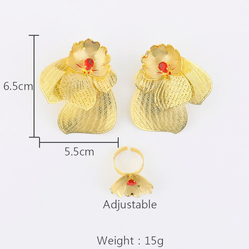 Dubai Hollow Earrings & Ring 2Pcs Set for Women, Trendy Party Wedding Valentine Gift, Elegant Earring Set Jewelry