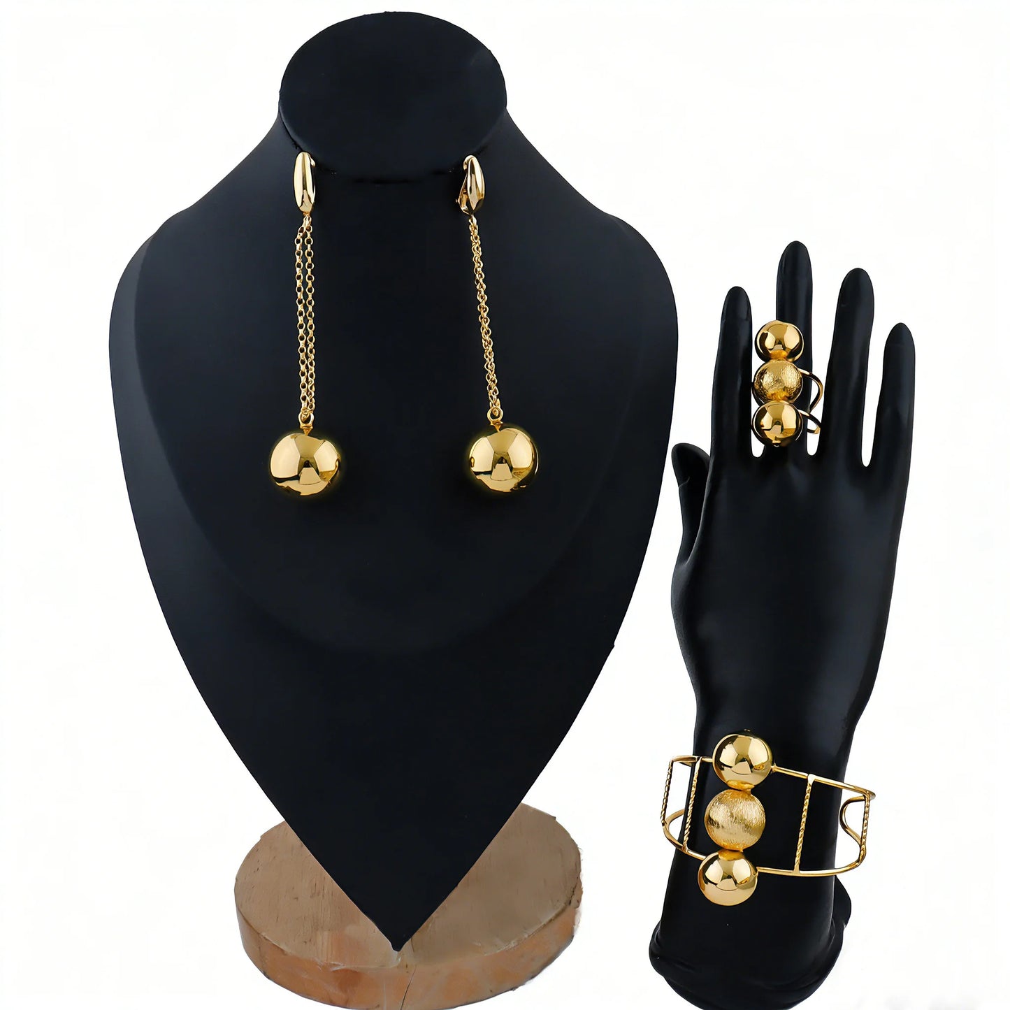Dubai Earrings Bracelet and Ring Jewelry Set Ball Design African Weddings Cuff Bracelet Ring Earrings 3PCS