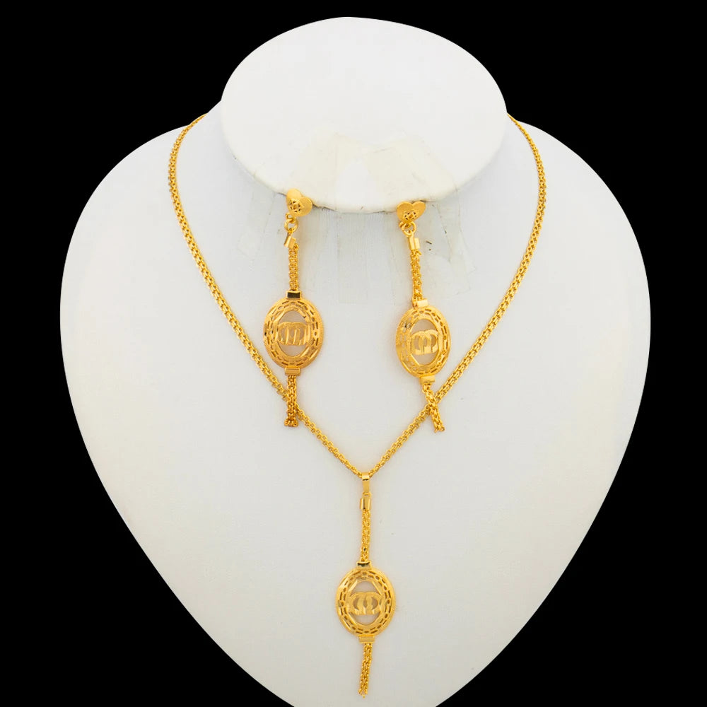 Ethiopia Golden Plated Jewelry Set Ladies Elegant Necklace and Earrings 2Pcs/Set Afican Dubai Party Bridal Jewelry Accessories