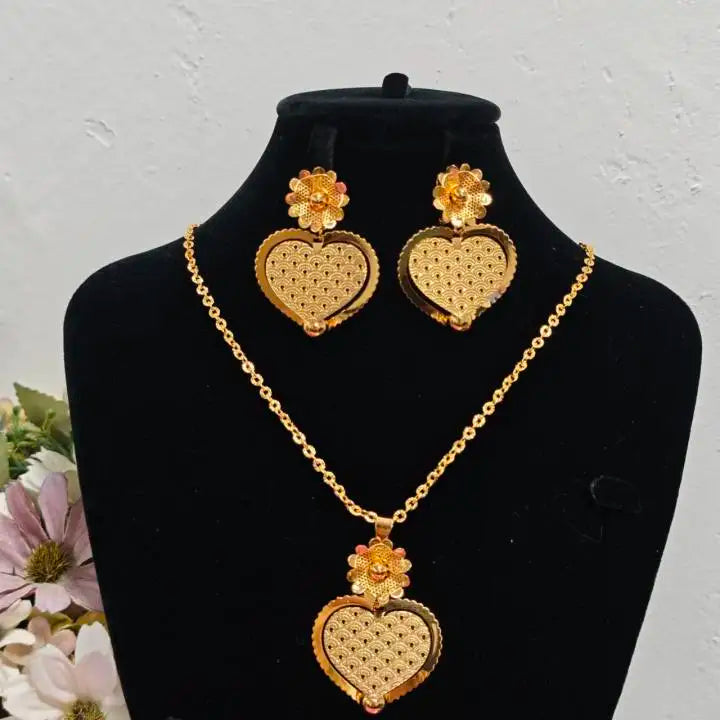 African Gold Color Women Necklace and Earrings Trend Dubai Flower Hollow Out Jewelry Set Gift For Party Wedding Daily Accessorie