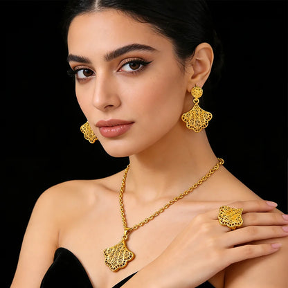 18K Gold Color Plated Middle Eastern Necklace Ring Earrings Set for Women, Dubai Luxury Bridal Gift, Elegant Women's Jewelry Set