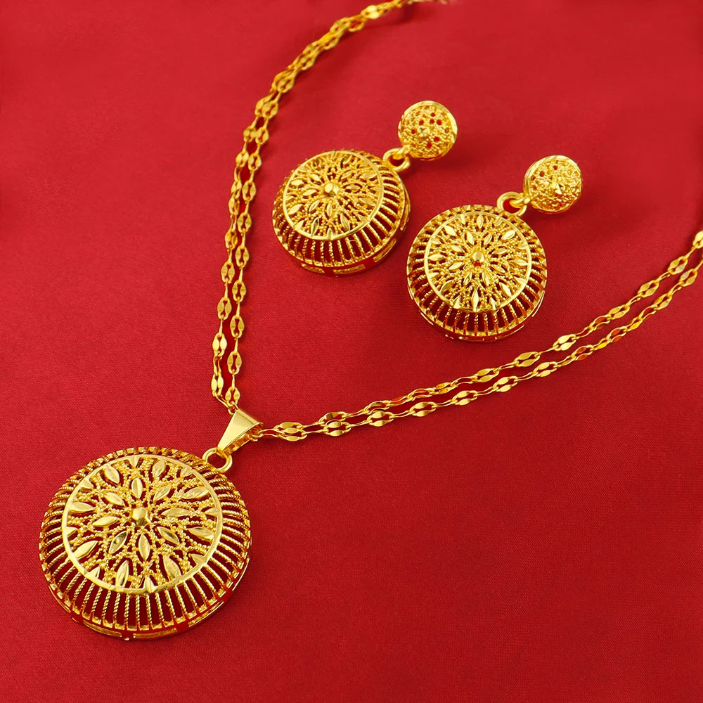 Gold Color Light Luxury Big Round Necklace Earrings Set for Women Tassels Gold Plated Jewelry Party Wedding Gift Accessoires
