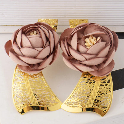 2025 New High Quality Big Pink Flower Earrings Women Jewelry Set Dubai Gold Plated Luxury Ring  For Party Wedding Daily Dating