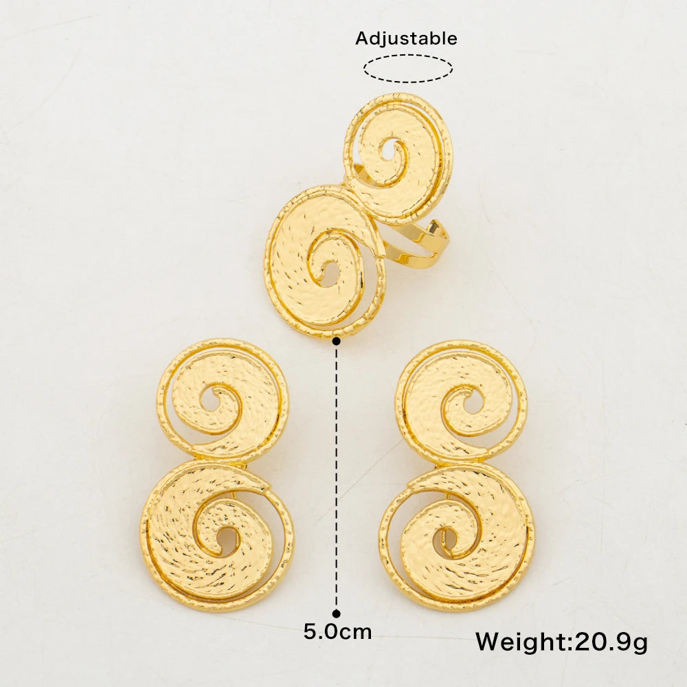 Dubai Gold Color Earrings and Ring Set for Ladies Weddings Hollow Out Clip Earrings and Finger Ring Set for Nigerian Daily Wear