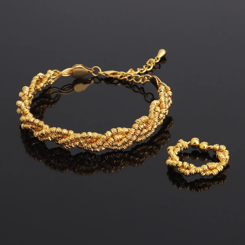 Luxury Copper Bracelet Ring Sets for Women Arab Spiral Design Gold Plated Jewelry Set For Easter Gifts Wedding Ethiopian Party
