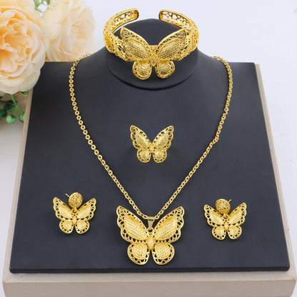 18K Gold Plated Hollow Out Butterfly Necklace Earring Set For Women Charm New Fashion Nigerian Indian Bridal Party Jewelry Gifts