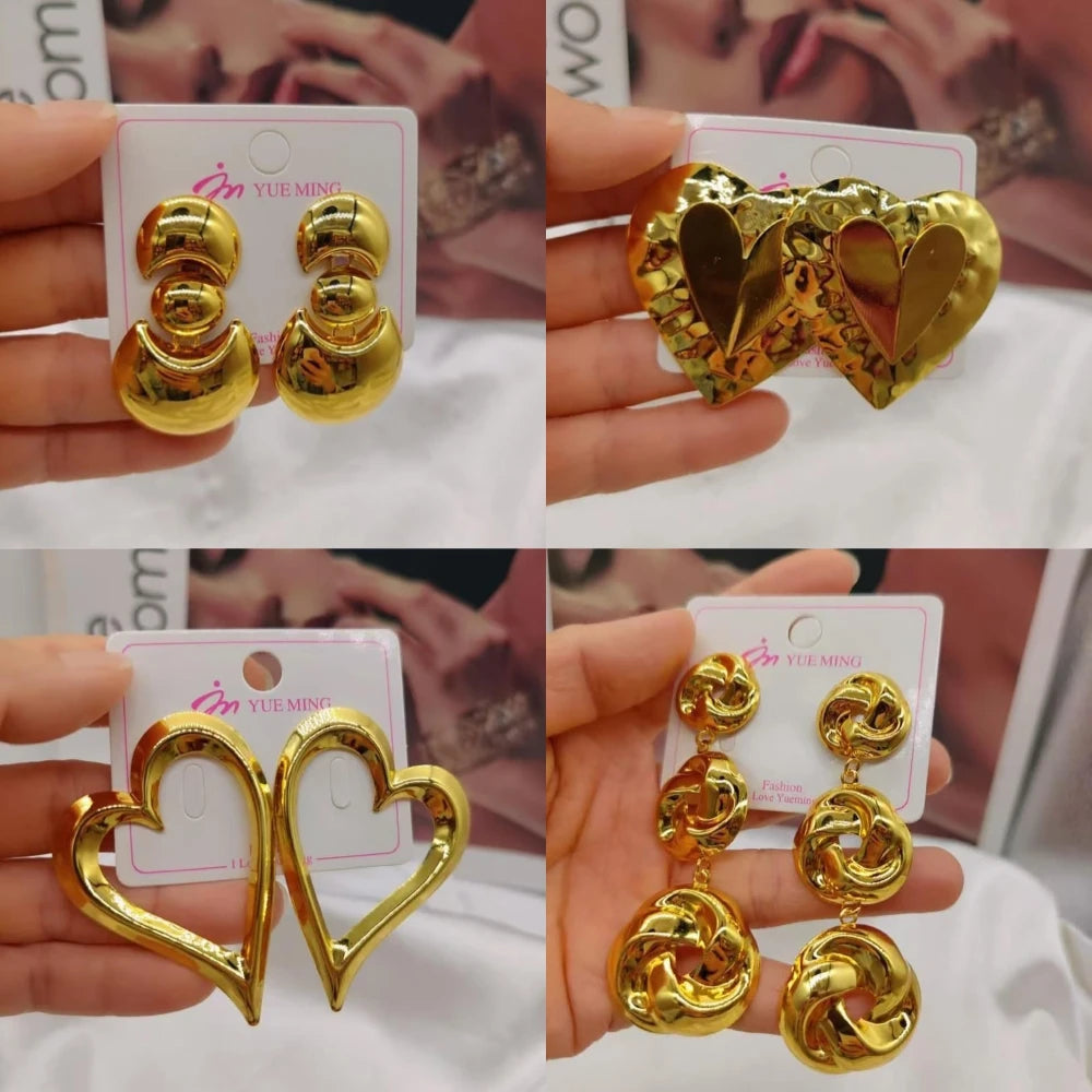 4Pairs Heart Shape Earrings for Women African Gold Color Stud Earrings Weddings Bridal Luxury Ear Accessories Party Jewelry Set