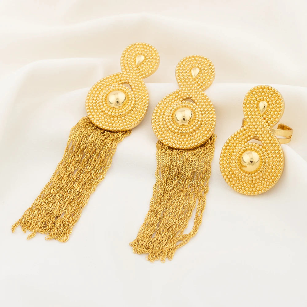 YM 18k Gold Plated Jewelry for Nightclub Queen Fashion Luxury Bridal Wedding Jewellery Accessory Long Tassel Earrings Rings Set