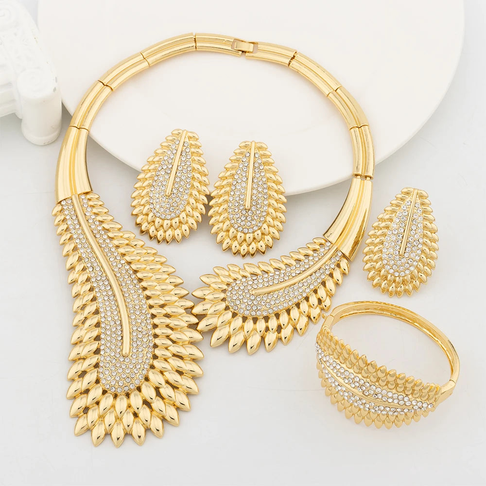 Luxury Jewelry Sets for Women Sliver Plated Wedding Jewellery Zircon Feather Exquisite Necklace Clip Earrings Charm Bangles Ring