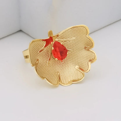 Original Dubai Flower Shape Women Copper Jewelry Sets Charming  Earrings Ring Necklace Sets Gift For African Party Valentine