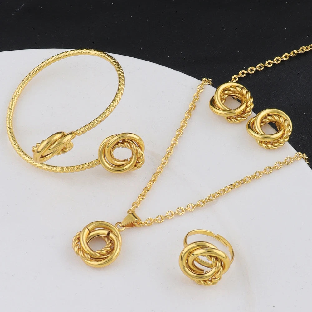New Fashion Stainless Steel Gold Color Interlocking Circles Roman Numbers Jewelry Sets Women 4pcs Waterproof Jewelry Set Gift