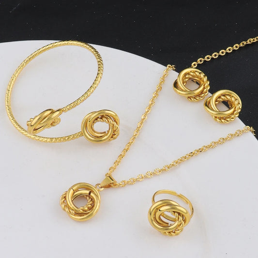 New Fashion Stainless Steel Gold Color Interlocking Circles Roman Numbers Jewelry Sets Women 4pcs Waterproof Jewelry Set Gift